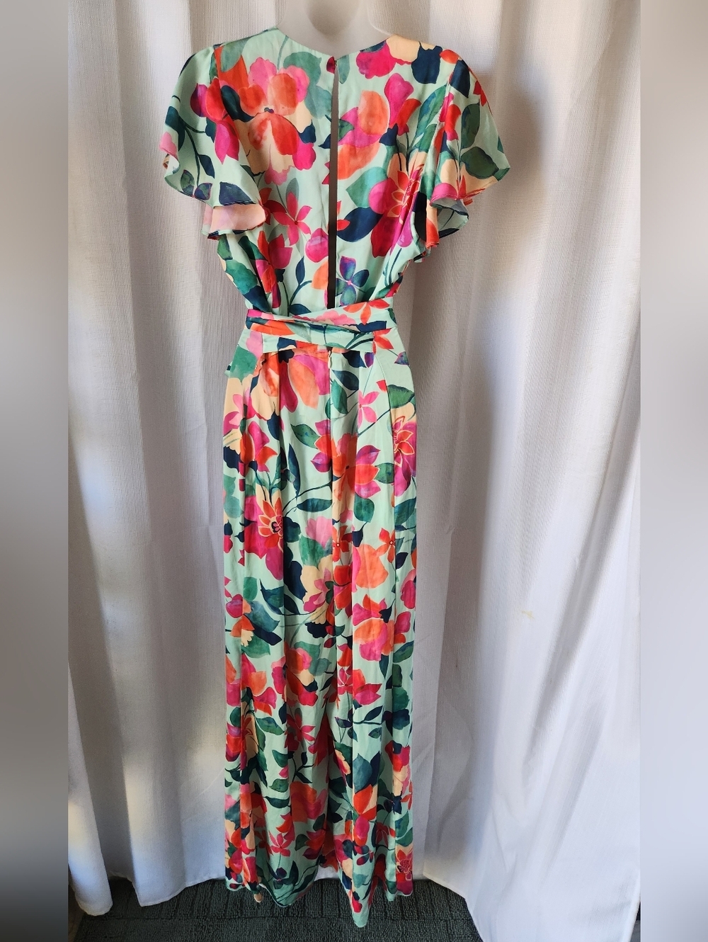 Zara Silky Floral V-Neck Wide-Leg Short Flutter Sleeve Jumpsuit Size L - Picture 8 of 12